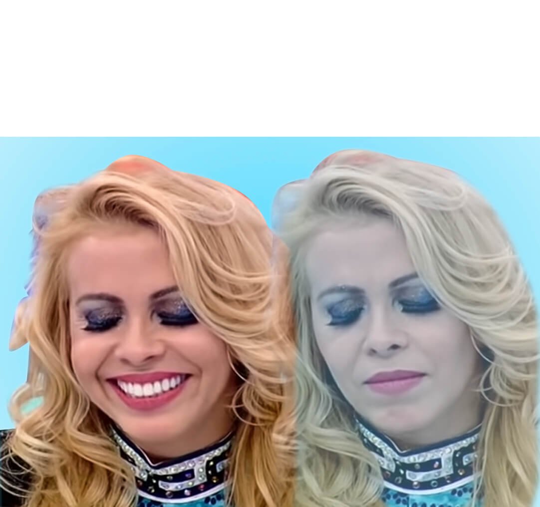 Mujer triste por fuera pero feliz por dentro: Mujer rubia triste con los ojos cerrados mientras que de fondo esta ella sonriendo.
