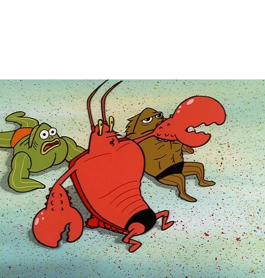 ¡Cielos, qué macizo!: Larry y sus compañeros se muestran asombrados ante la (falsa) musculatura de Bob Esponja.